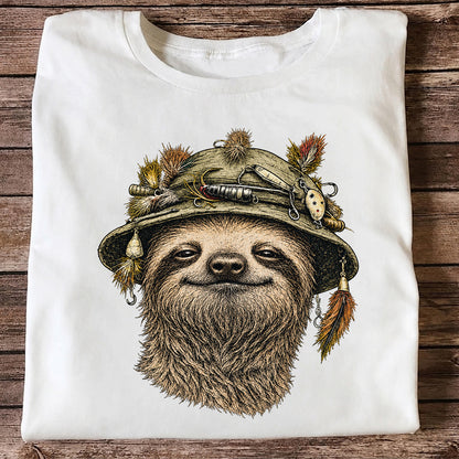 Sloth Wearing a Fishing Lure Hat Hand-Drawn Graphic T-Shirt