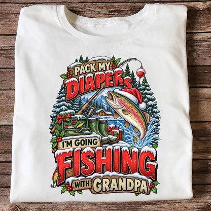 Pack My Diapers I'm Going Fishing With Grandpa Christmas Rainbow Trout T-Shirt