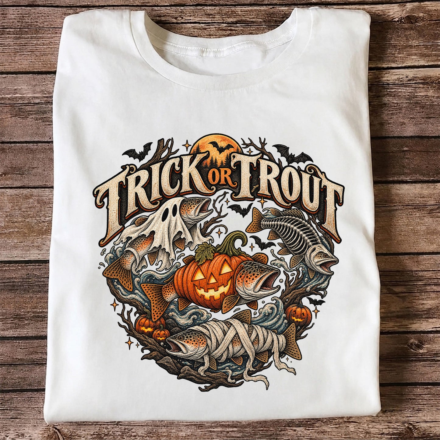Trick or Trout Haunted Fish Halloween Fishing T-Shirt