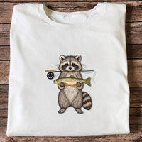 Cute Raccoon Holding Rainbow Trout Fly Fishing Graphic T-Shirt