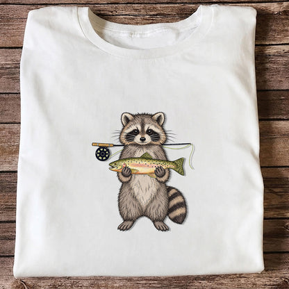 Cute Raccoon Holding Rainbow Trout Fly Fishing Graphic T-Shirt