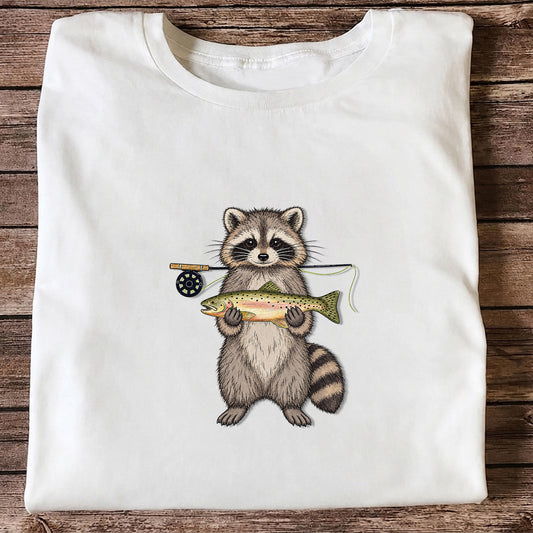Cute Raccoon Holding Rainbow Trout Fly Fishing Graphic T-Shirt