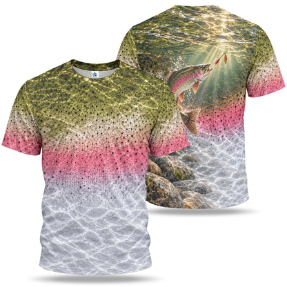 Rainbow Fish Scale and Water Fishing Graphic T-Shirt