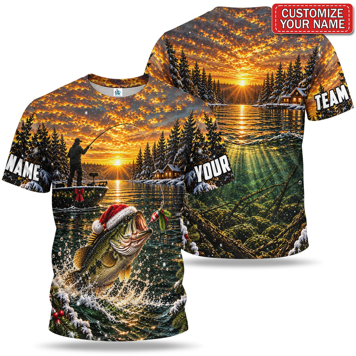 Personalized Christmas Bass and Sunset Lake Fishing 3D T-Shirt