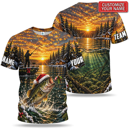 Personalized Christmas Bass and Sunset Lake Fishing 3D T-Shirt