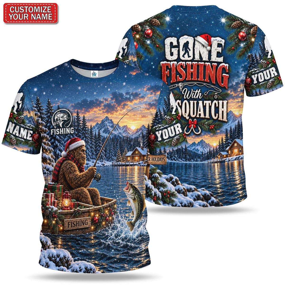 Personalized Christmas Bear Fishing Graphic T-Shirt