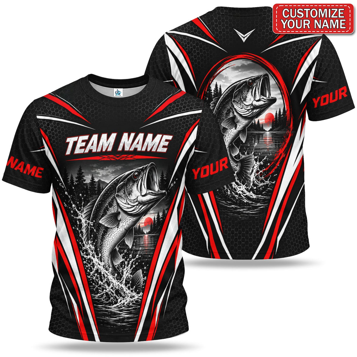 Personalized Bass Fishing Team T-Shirt With Red Sunset