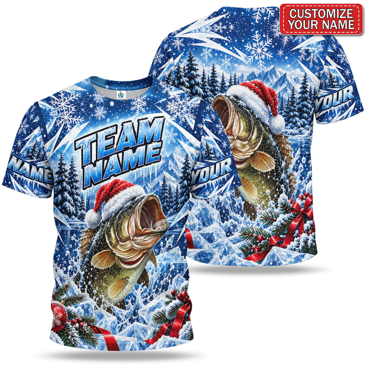 Personalized Christmas Santa Hat Bass Fishing Team T-Shirt