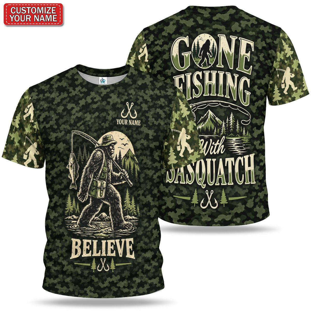Personalized Bear Fishing Graphic T-Shirt, Believe Design