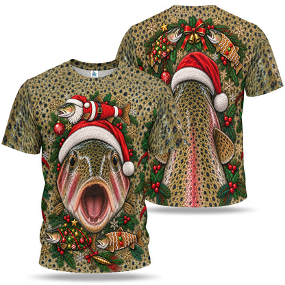 Santa Rainbow Trout and Christmas Ornaments 3D Fishing T-Shirt