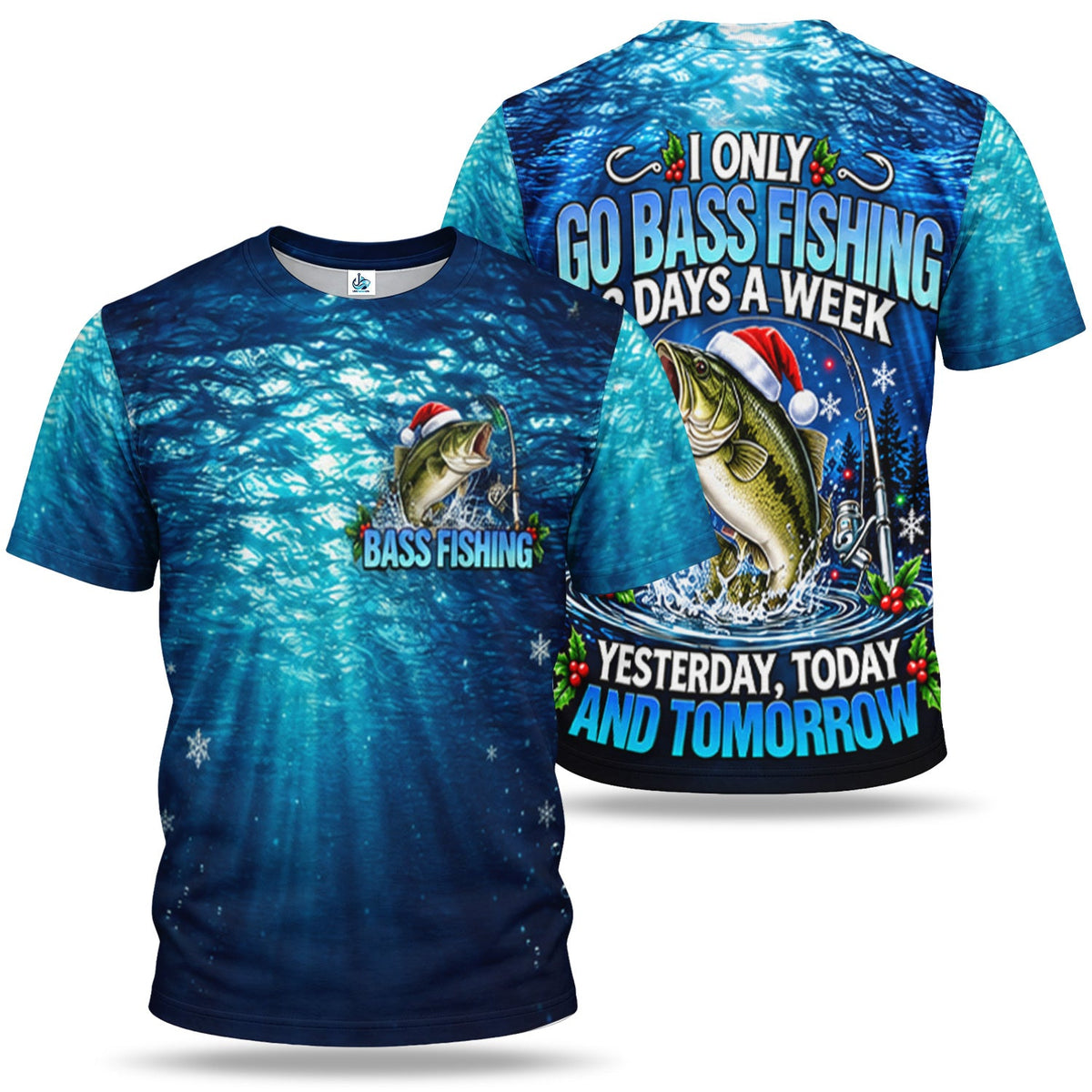 Santa Hat Bass Fishing in Blue Water 3D T-Shirt