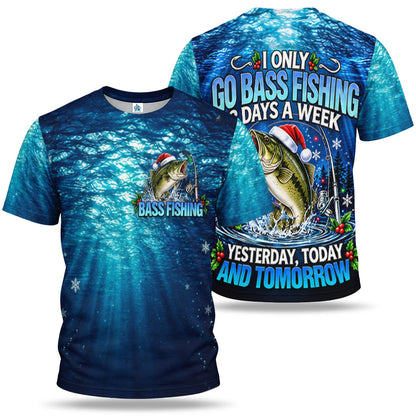 Santa Hat Bass Fishing in Blue Water 3D T-Shirt