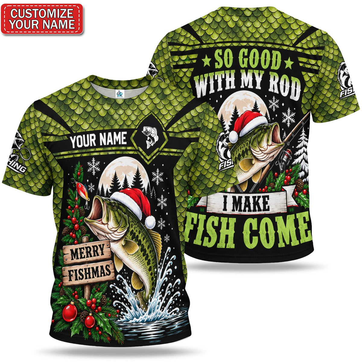 Personalized Merry Fishmas Largemouth Bass Fishing T-Shirt