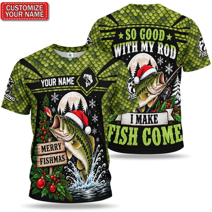 Personalized Merry Fishmas Largemouth Bass Fishing T-Shirt