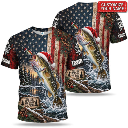 Personalized Santa Fish American Flag Fishing T-Shirt