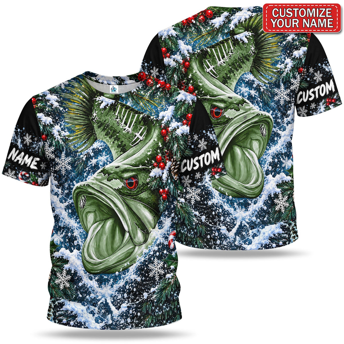 Personalized Bass Close-Up and Snowy Pine Christmas Fishing T-Shirt