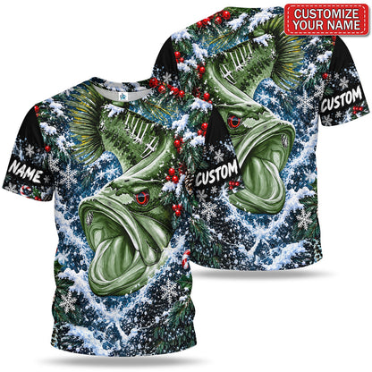 Personalized Bass Close-Up and Snowy Pine Christmas Fishing T-Shirt
