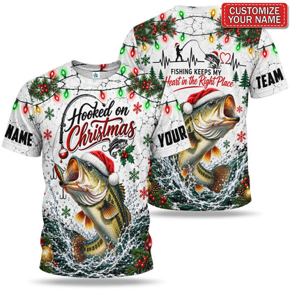 Personalized Hooked on Christmas Bass Fishing 3D T-Shirt