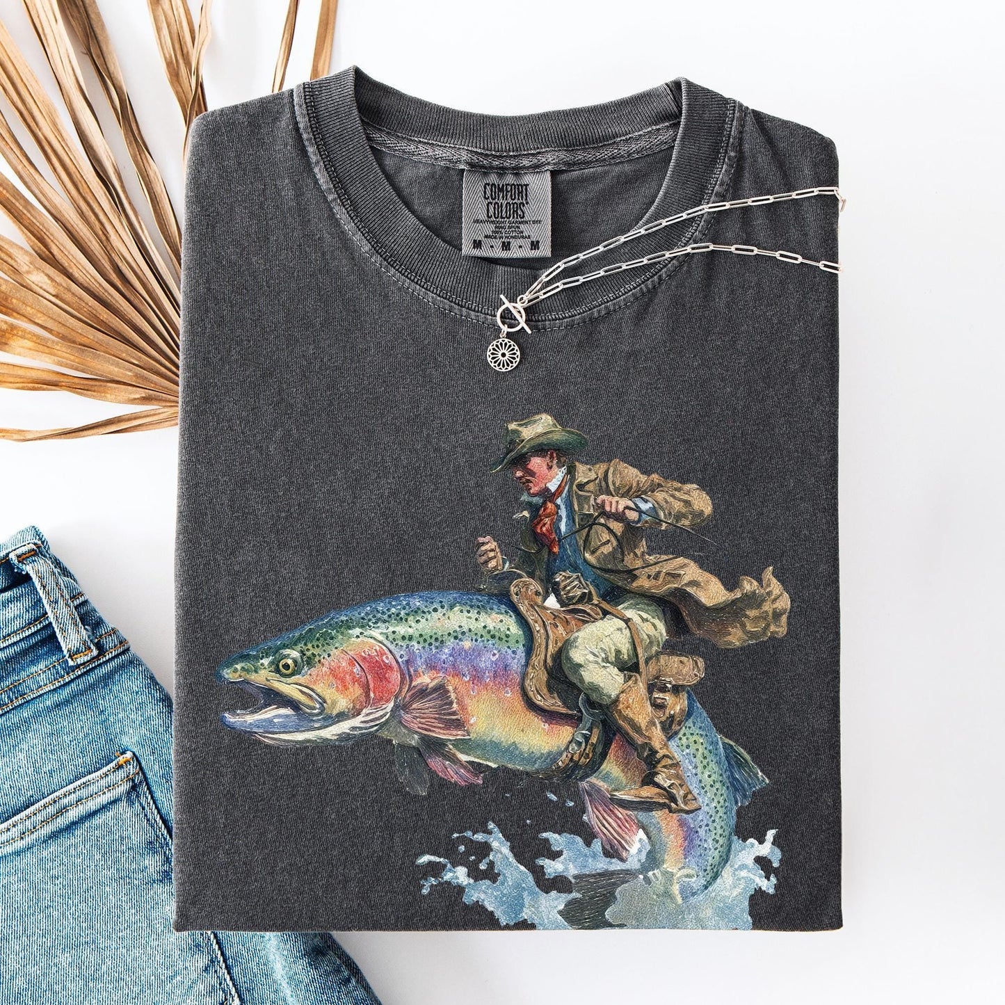 Cowboy Riding Rainbow Trout Fishing T-Shirt