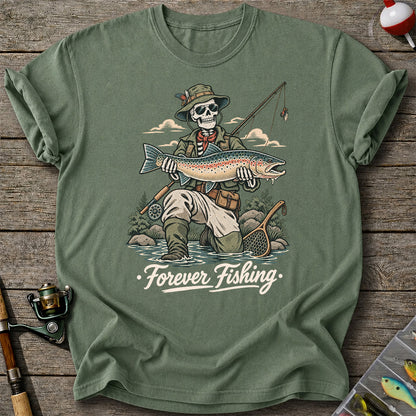 Forever Fishing Skeleton Angler with Rainbow Trout Graphic T-Shirt