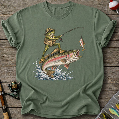 Frog Angler Riding a Rainbow Trout Fishing Graphic T-Shirt
