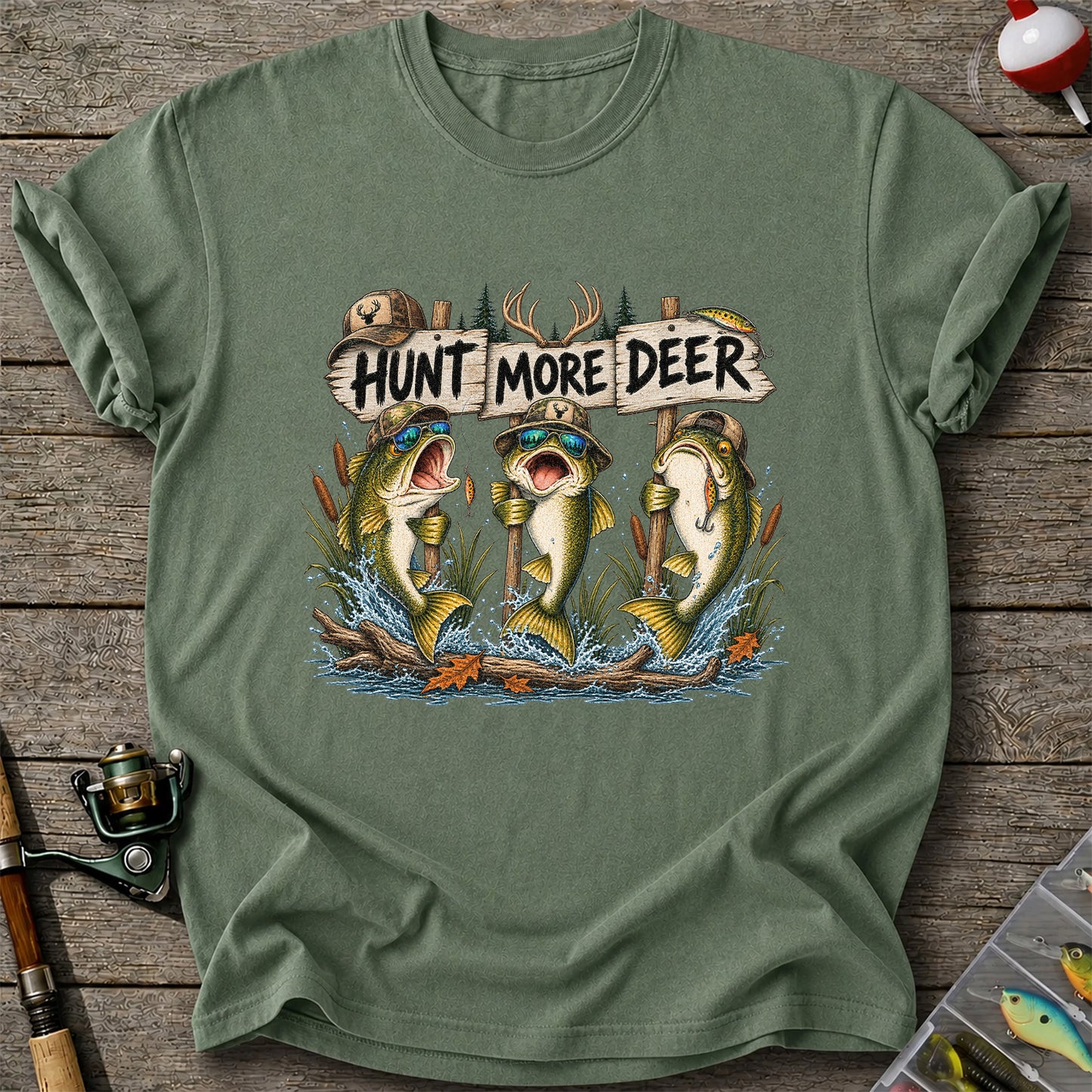 Hunt More Deer Funny Bass Fishing Graphic T-Shirt