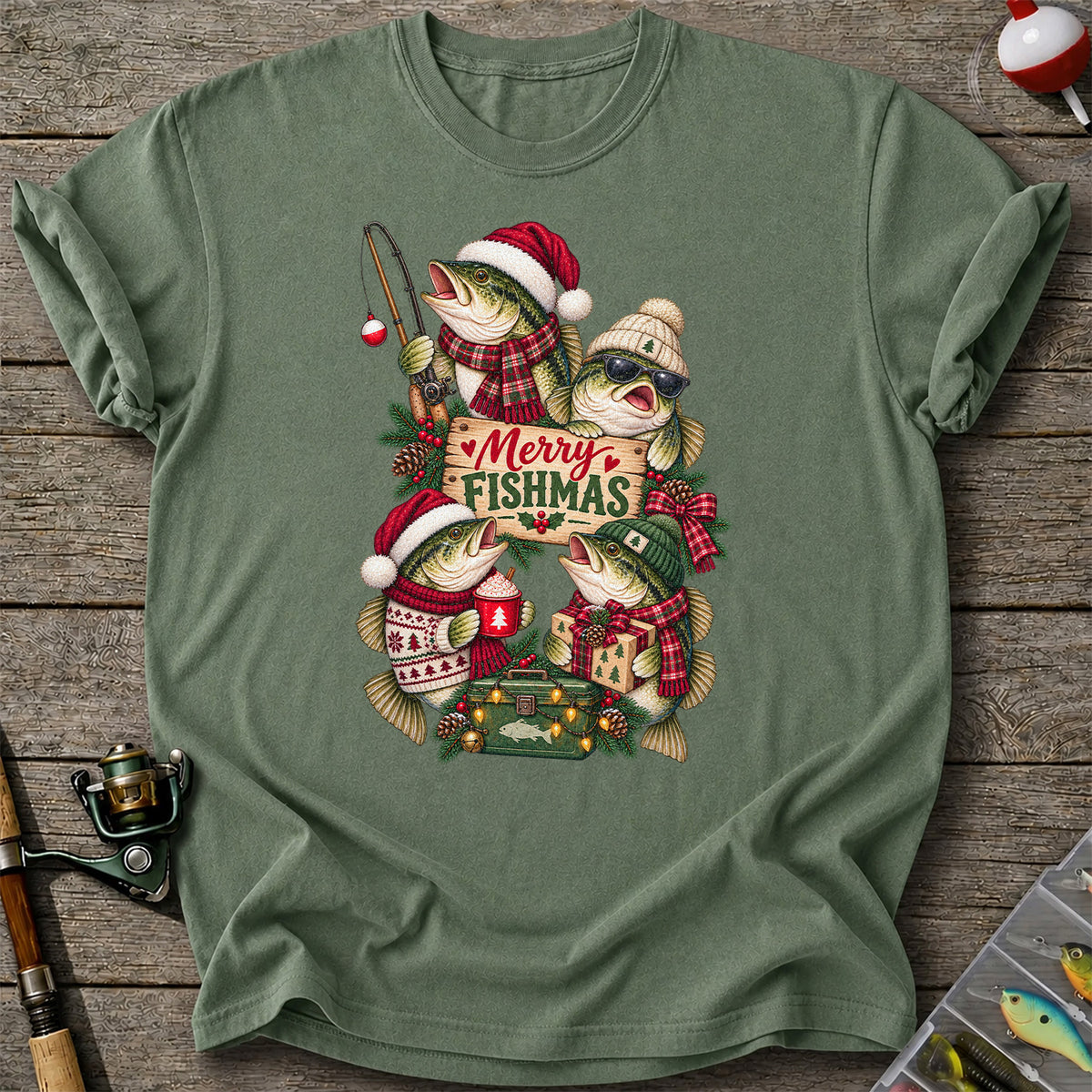 Merry Fishmas Bass Christmas Fishing Graphic T-Shirt