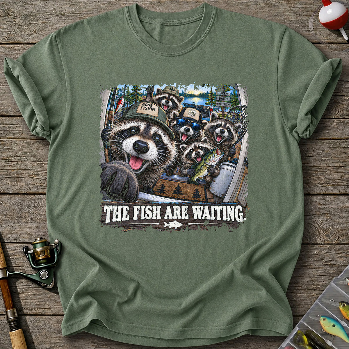 The Fish Are Waiting Raccoon Crew Funny Fishing T-Shirt