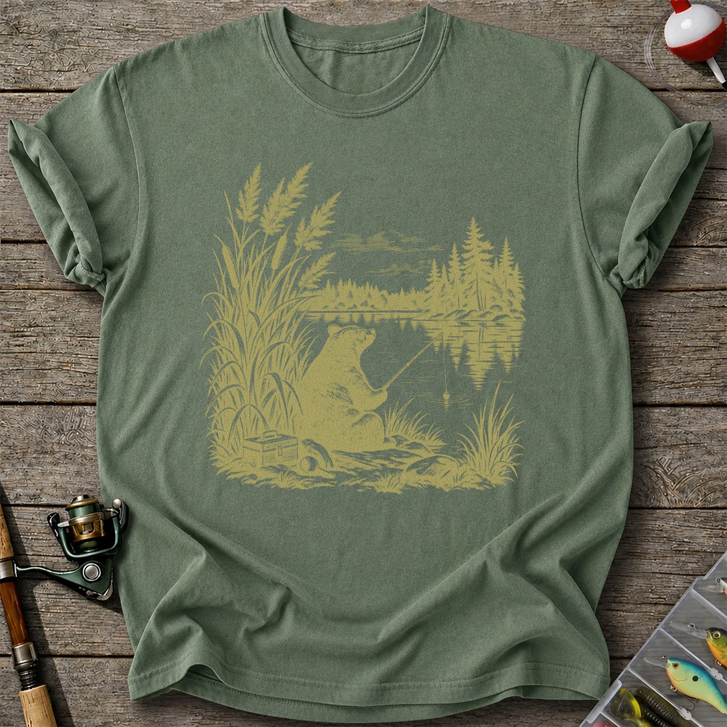 Bear Fishing by the Lake Vintage Outdoor Graphic T-Shirt