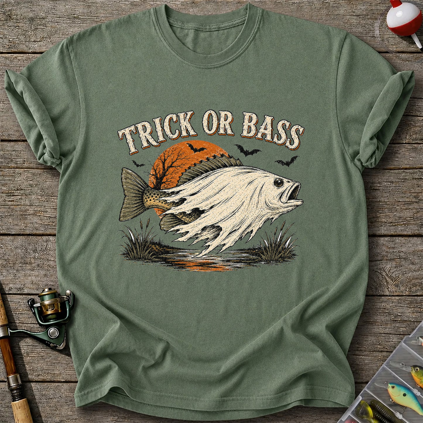 Trick or Bass Halloween Fishing T-Shirt, Vintage Trout Angler Tee