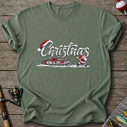 Christmas Santa Pulling Trout Fishing Sled Graphic T-Shirt