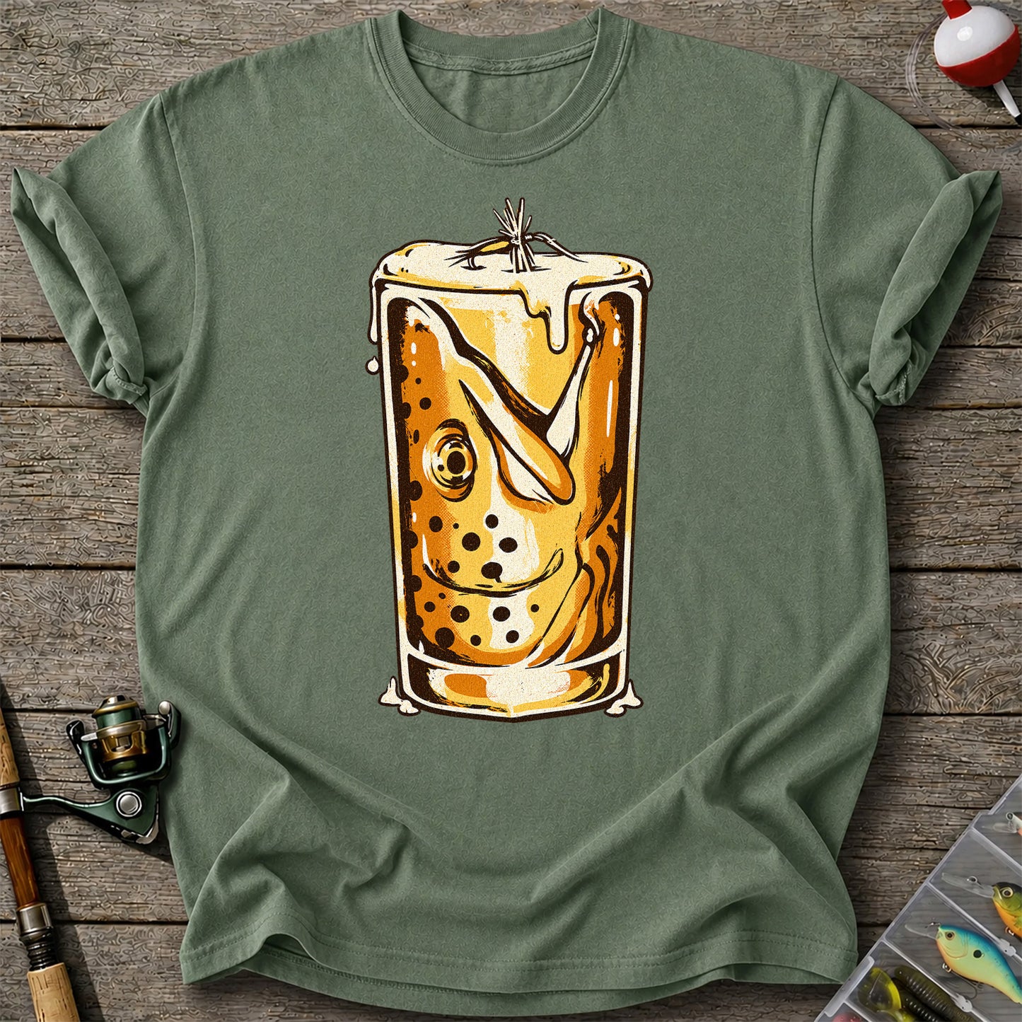 Vintage Trout in a Beer Glass Fishing Graphic T-Shirt