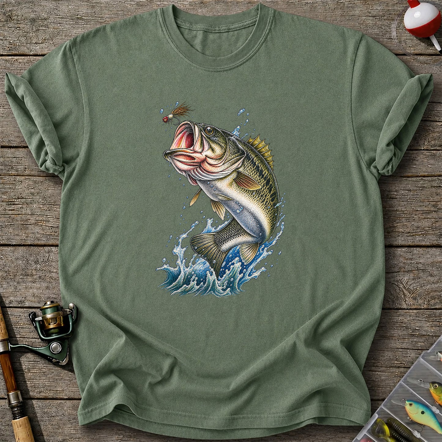 Largemouth Bass Leaping for a Fly Fishing Graphic T-Shirt