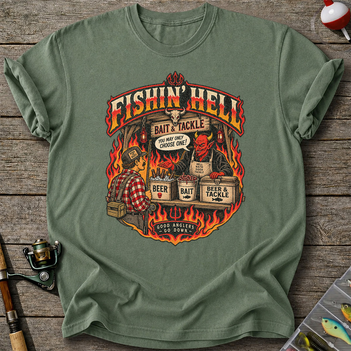 Fishin' Hell Devil Bait and Tackle Funny Fishing T-Shirt