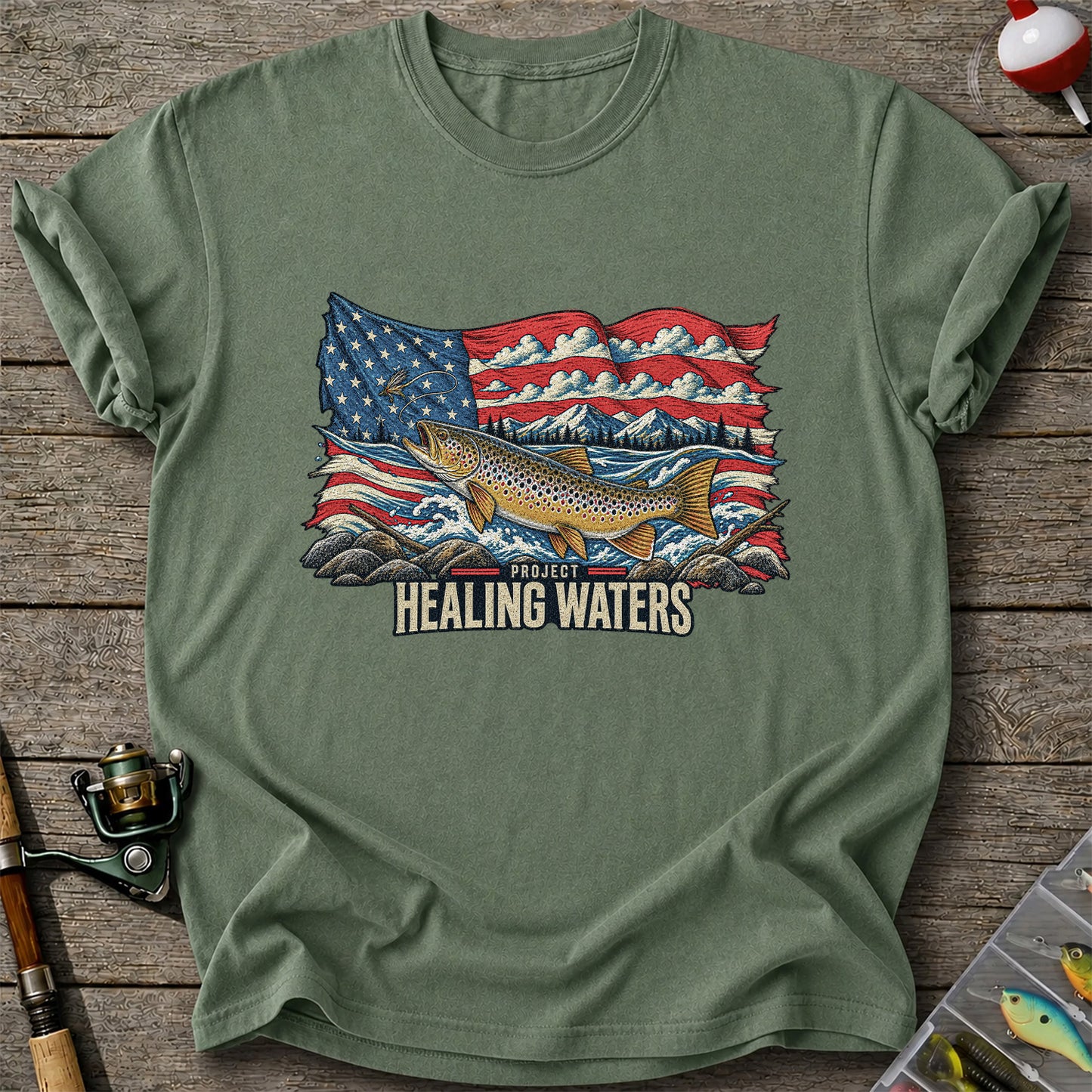 Healing Waters American Flag Brown Trout Fishing Graphic T-Shirt