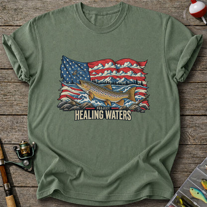 Healing Waters American Flag Brown Trout Fishing Graphic T-Shirt