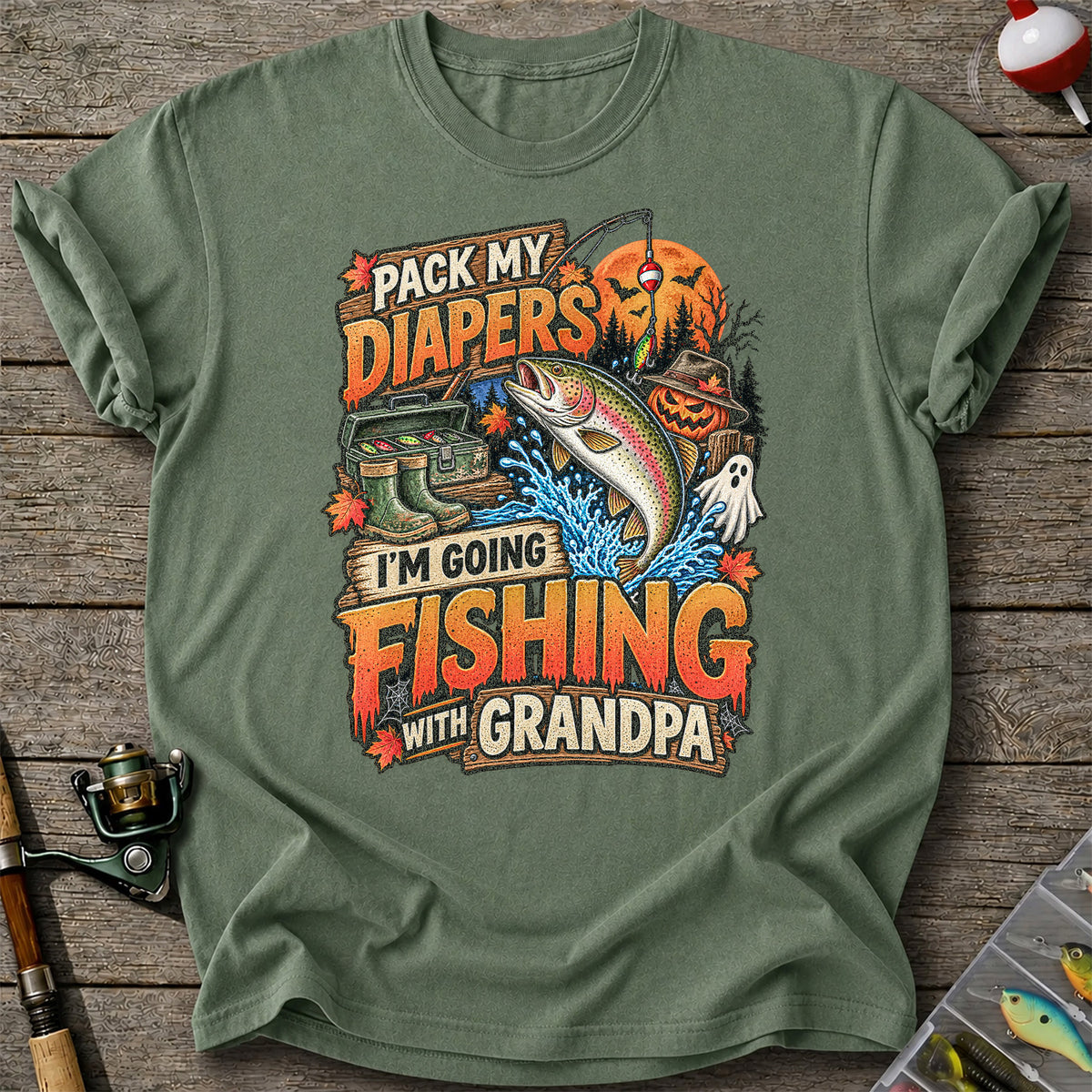 Pack My Diapers I'm Going Fishing With Grandpa Halloween Rainbow Trout T-Shirt