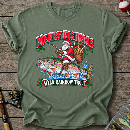 Merry Fishmas Santa Riding a Wild Rainbow Trout Christmas Fishing T-Shirt