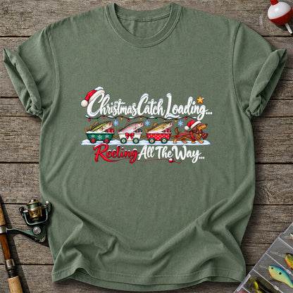 Christmas Fishing Train with Trout and Dog Graphic T-Shirt
