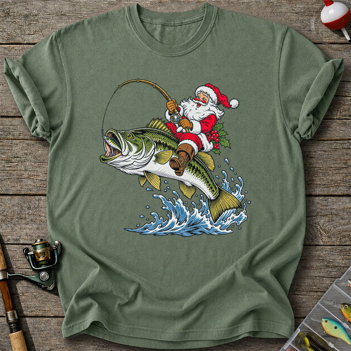 Santa Claus Riding a Bass Christmas Fishing Graphic T-Shirt