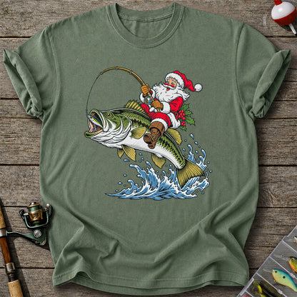 Santa Claus Riding a Bass Christmas Fishing Graphic T-Shirt