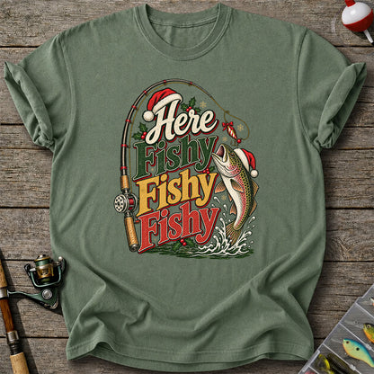 Here Fishy Fishy Fishy Christmas Rainbow Trout Fishing T-Shirt
