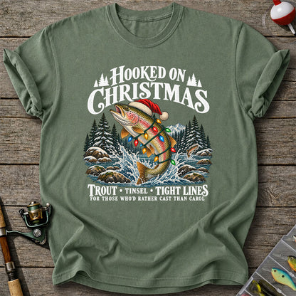 Hooked on Christmas Rainbow Trout Fishing Graphic T-Shirt