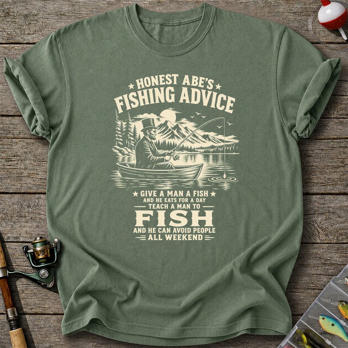 Honest Abe's Fishing Advice Funny Lincoln in a Boat T-Shirt