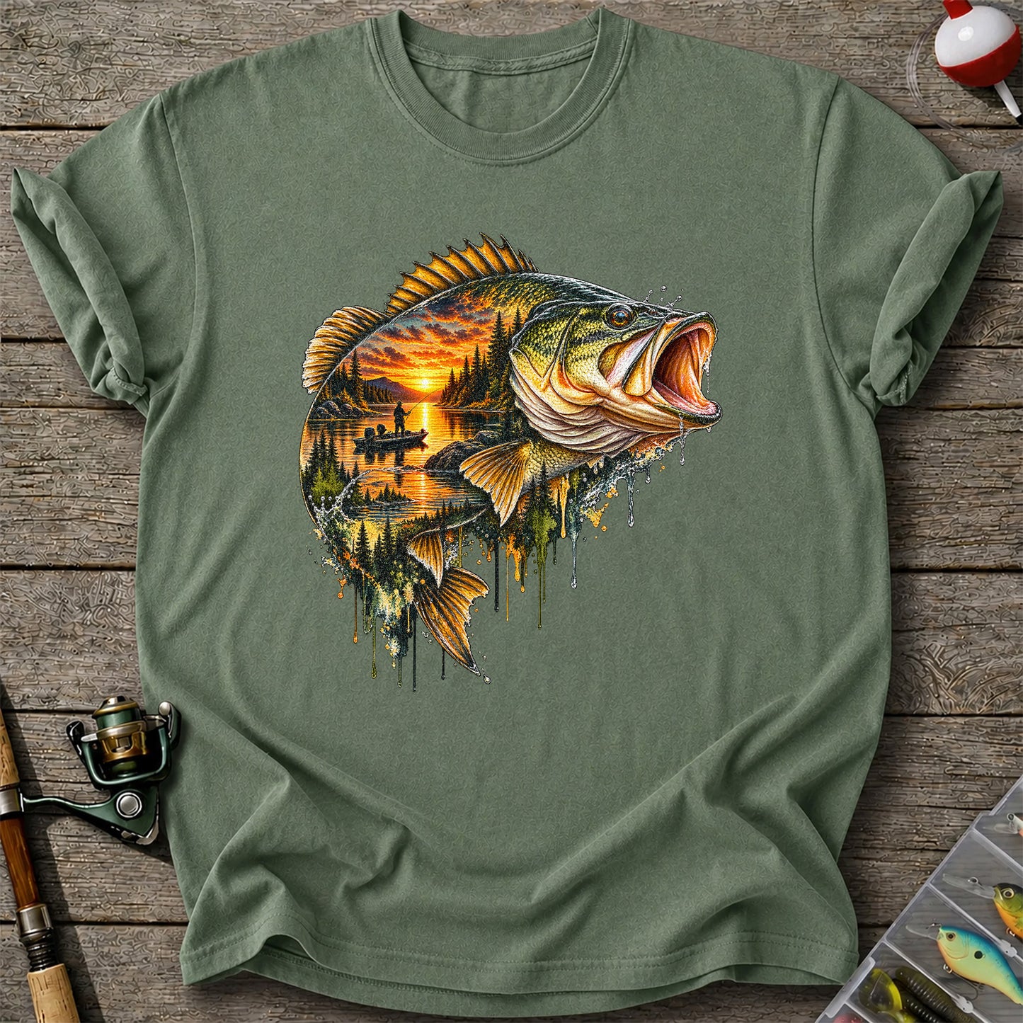 Largemouth Bass Sunset Lake Landscape Fishing Graphic T-Shirt