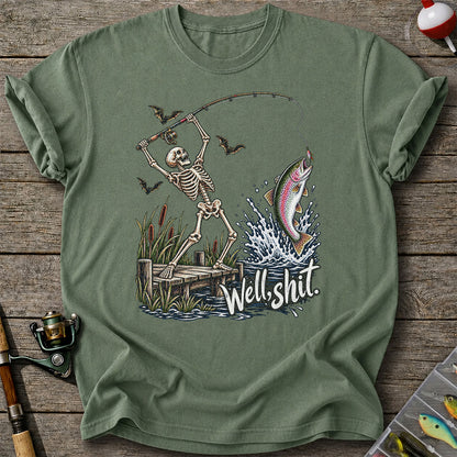 Well Shit Skeleton Catching a Rainbow Trout Funny Fishing T-Shirt