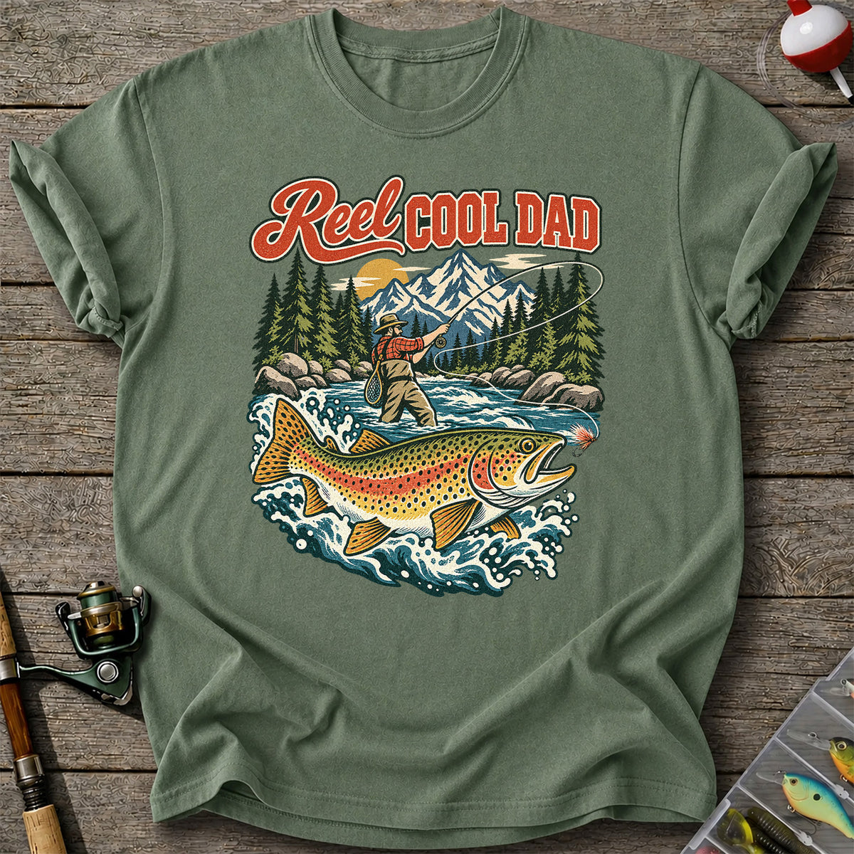 Reel Cool Dad Rainbow Trout Fly Fishing Graphic T-Shirt