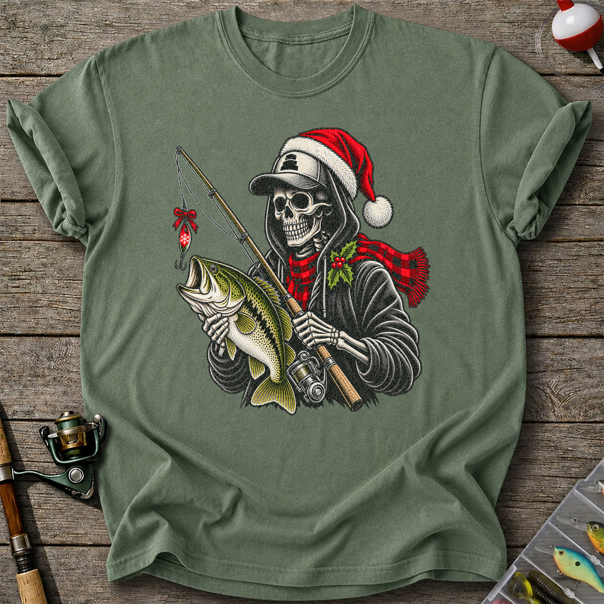 Christmas Skeleton Angler with Santa Hat and Bass Fishing T-Shirt