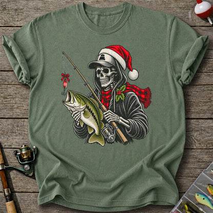 Christmas Skeleton Angler with Santa Hat and Bass Fishing T-Shirt