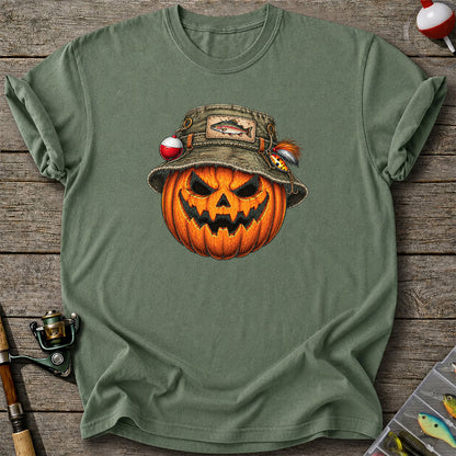 Halloween Pumpkin in a Trout Fishing Hat Graphic T-Shirt